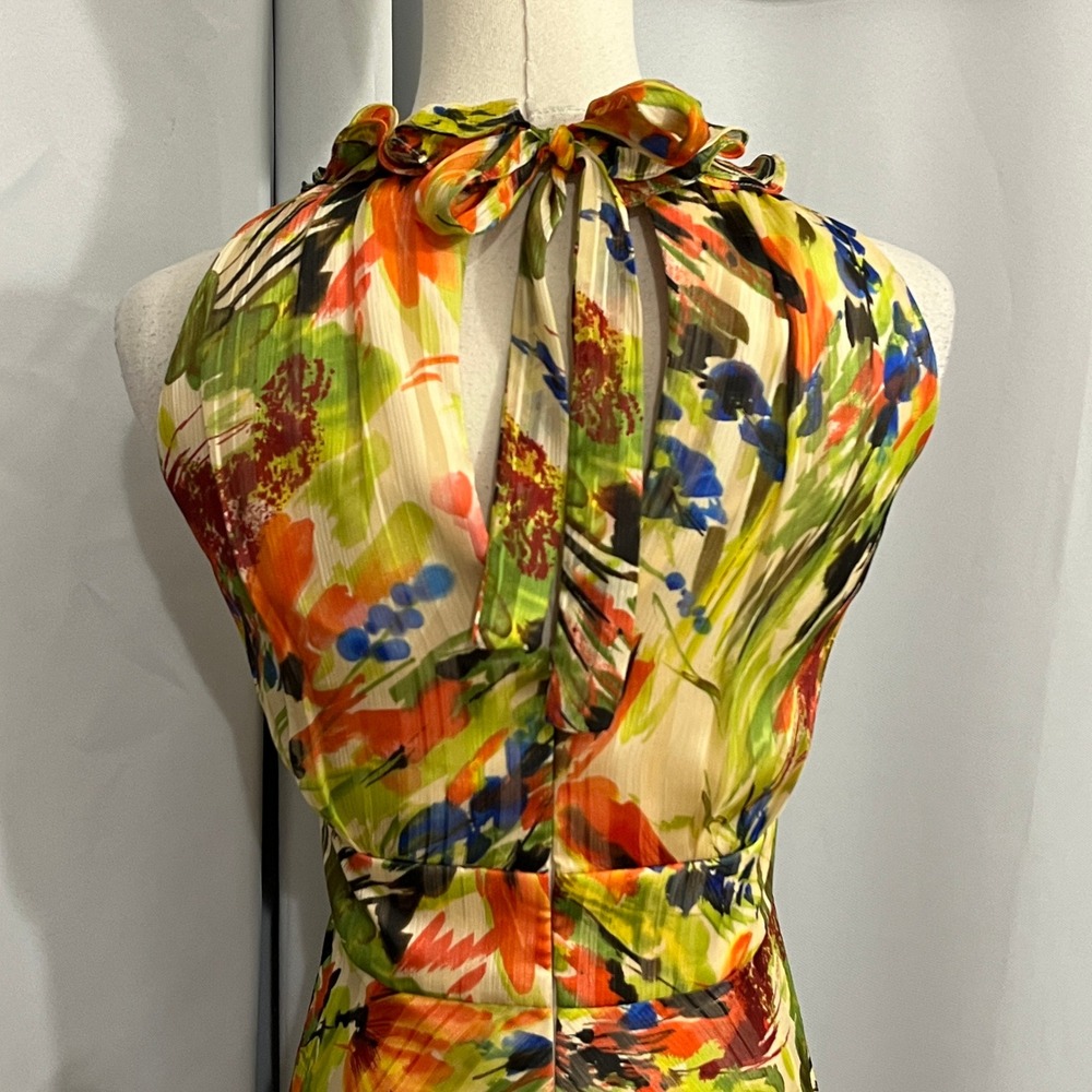 Donna Ricco Floral Midi Dress Womens 10 Yellow Abstract Ruffle Garden Artsy Chic - Picture 10 of 13